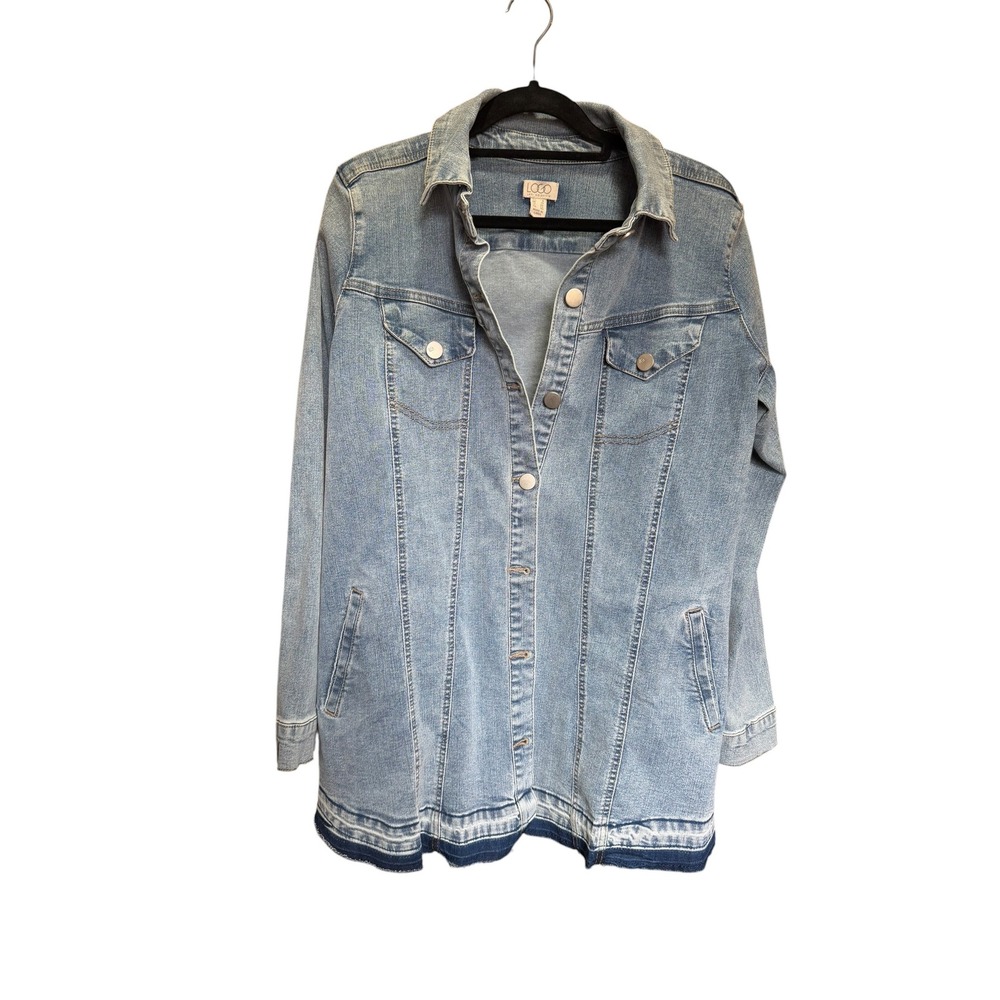 LOGO Lori Goldstein Denim Jacket Light Wash Raw Hem Longline Trucker Blue 6 - Picture 2 of 10
